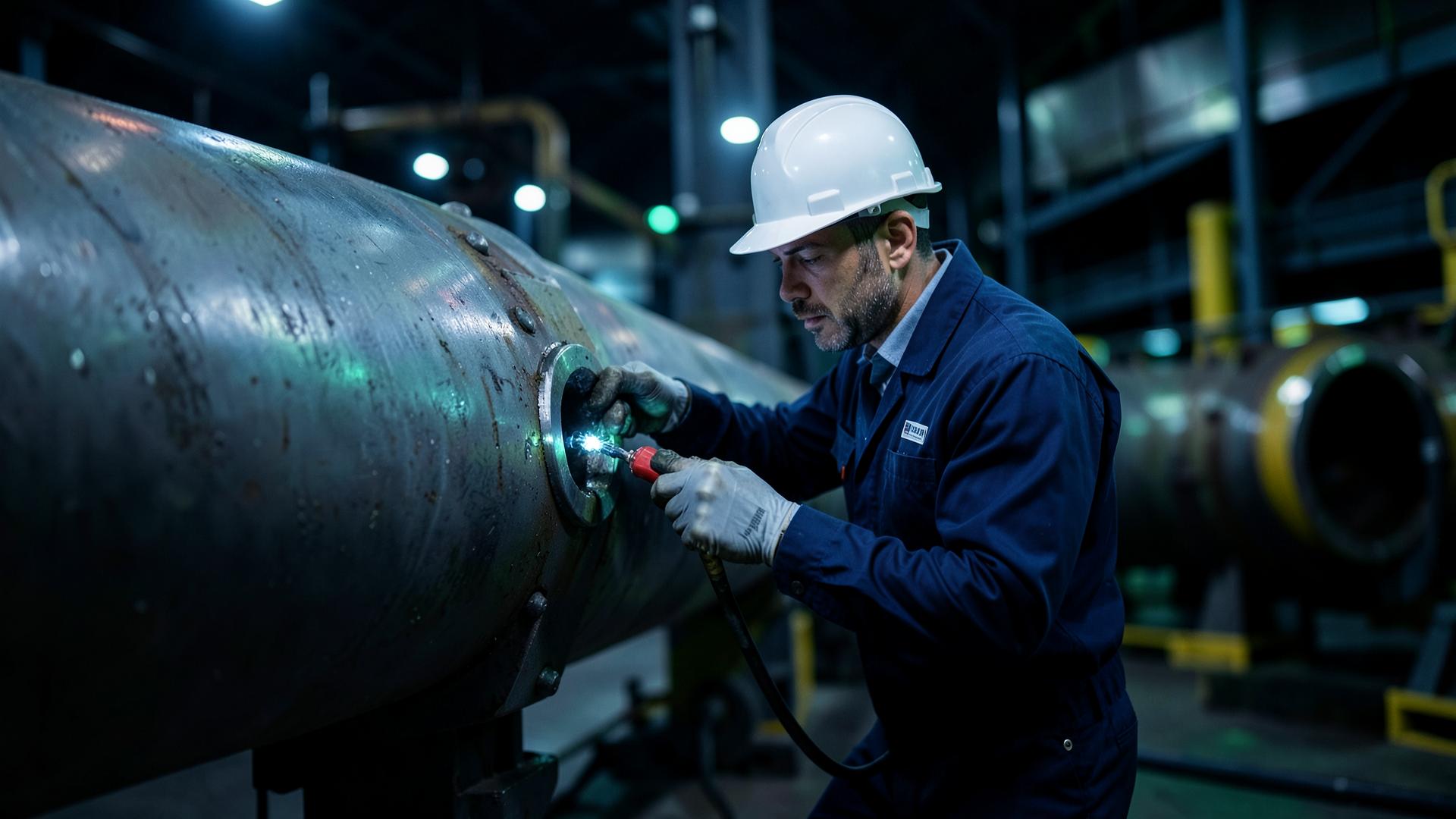 VeriTech technician performing inspection on industrial pipeline
